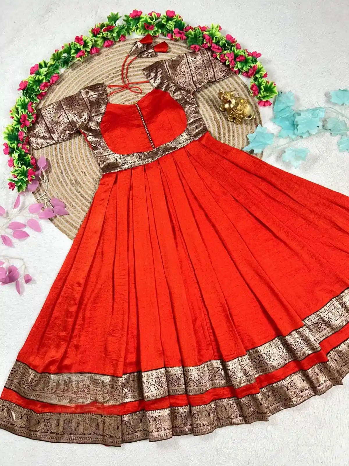 Fanta Orange Vichitra Silk Rich Antique-Gold Zari Gown